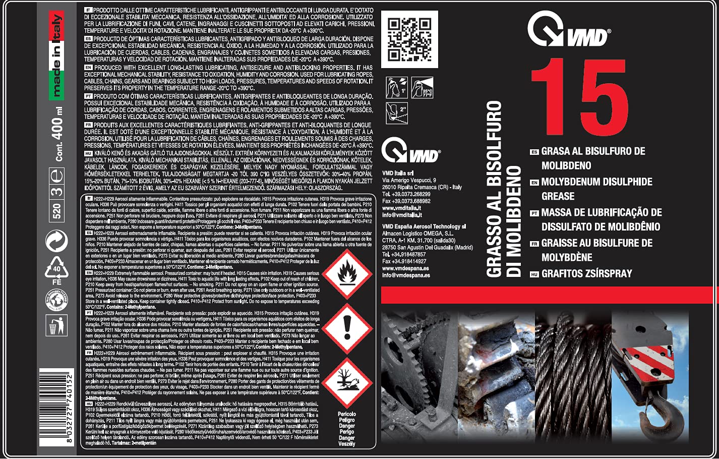 VMD Italia - VMD 15 - Grasso al Bisolfuro di Molibdeno, Grasso Catena Moto di Lunga Durata, Stabilità Meccanica e Resistenza all’Ossidazione, Olio Catena Bici Nero, 400 ml