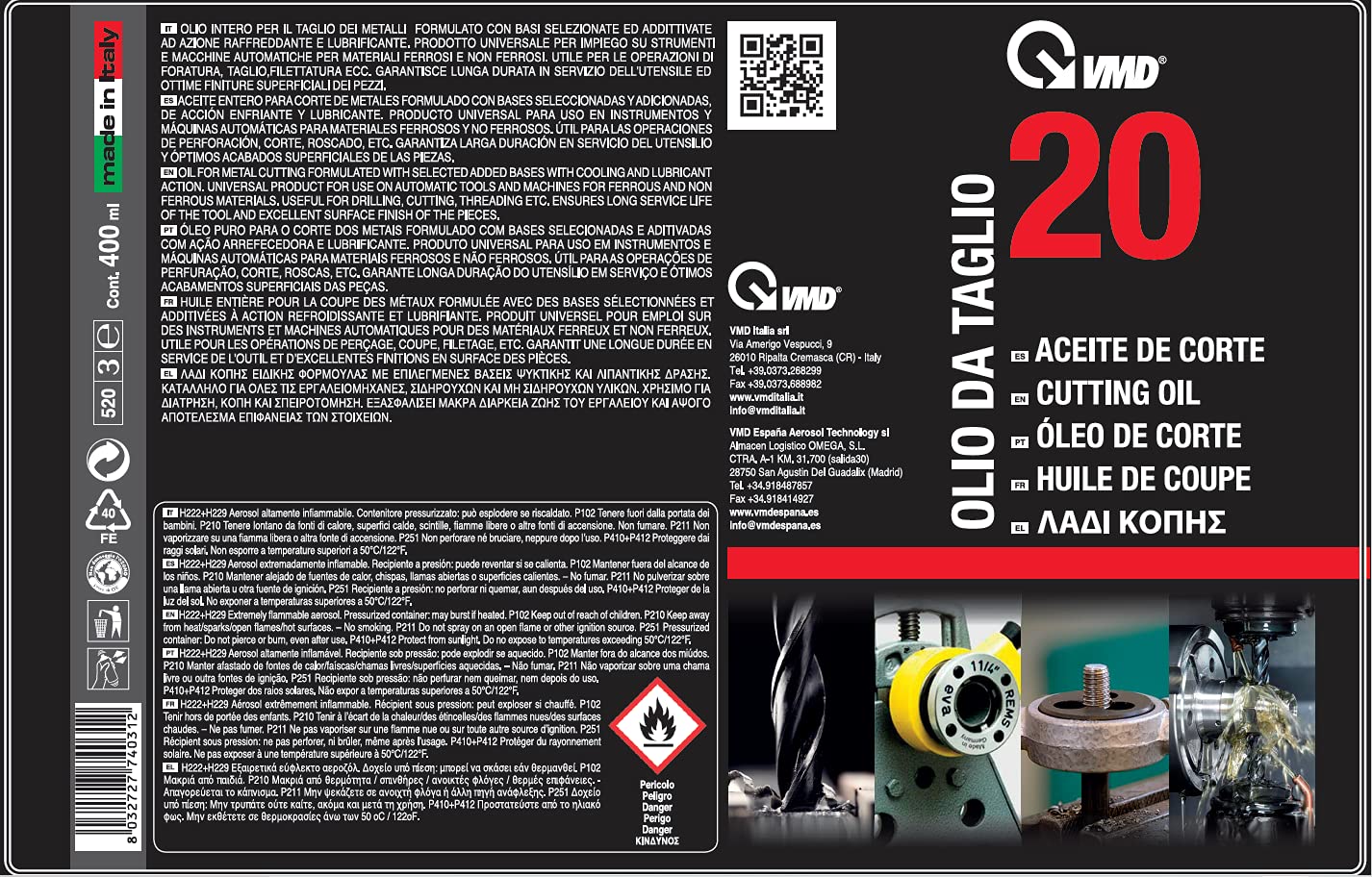 VMD Italia - VMD 20 - Olio da Taglio, Olio Spray Lubrificante Professionale, Perfetto per il Taglio di Metalli, Prolunga la Vita degli Utensili Tornio, 400 ml
