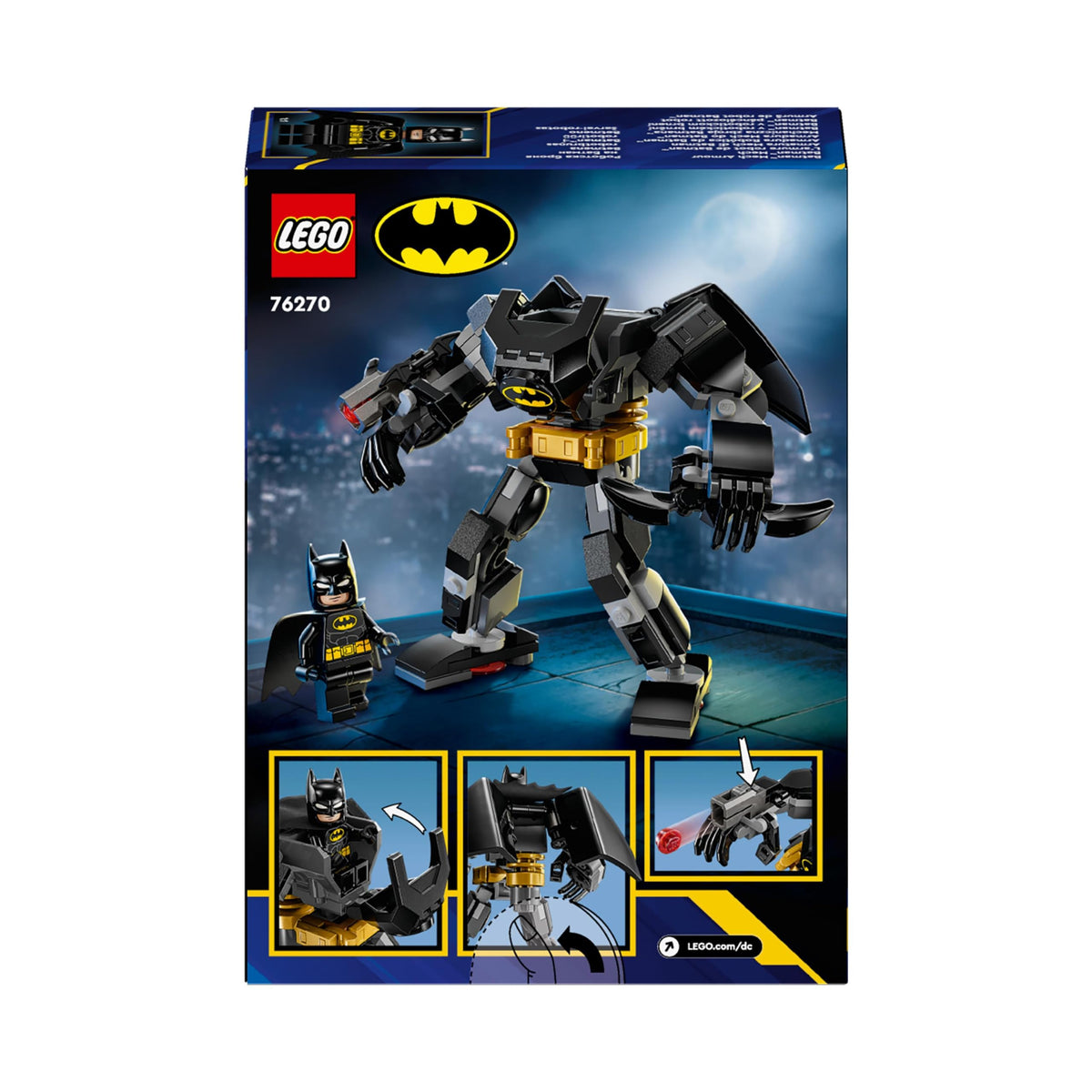 LEGO DC Armatura Mech di Batman, Action Figure Giocattolo da Costruire, Robot Snodabile da Collezione con Minifigure e Batarang, Giochi Creativi per Bambini e Bambine da 6 Anni, Piccolo Regalo 76270