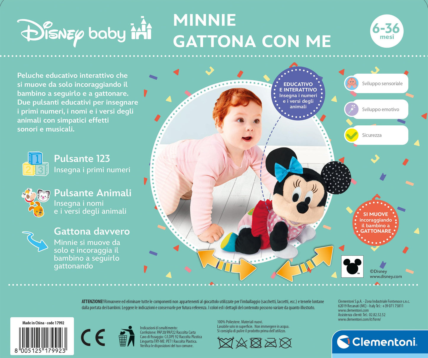 Clementoni Disney Baby Baby Minnie Gattona con Me, Minni Peluche per Imparare a Gattonare, Gioco Prima Infanzia Bambini 6-36 Mesi, Insegna Numeri e Versi degli Animali, Lingua Italiana, 17992