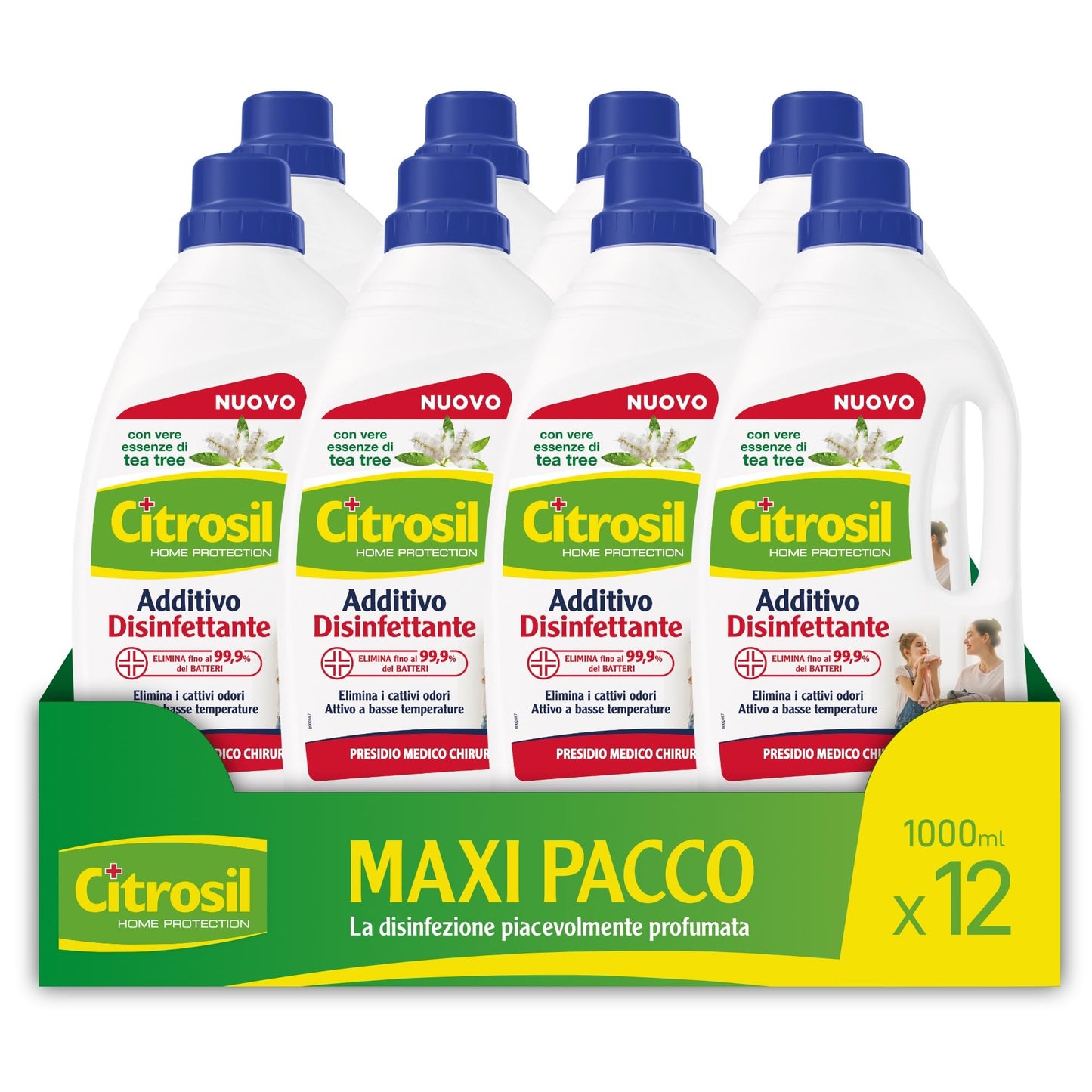 Citrosil - Additivo Disinfettante Liquido per Lavatrice e Bucato a Mano, con Vere Essenze di Tea Tree, Azione Igienizzante e Disinfettante, Adatto per Capi Bianchi e Colorati, 1000 ml x 12 Confezioni