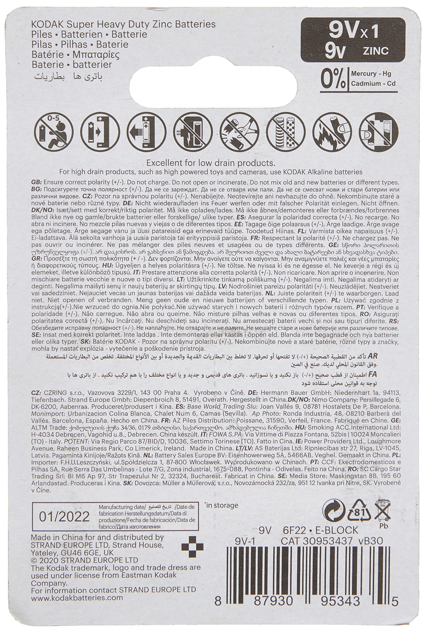 Kodak CTA 30953437 Salina Pila 9 V