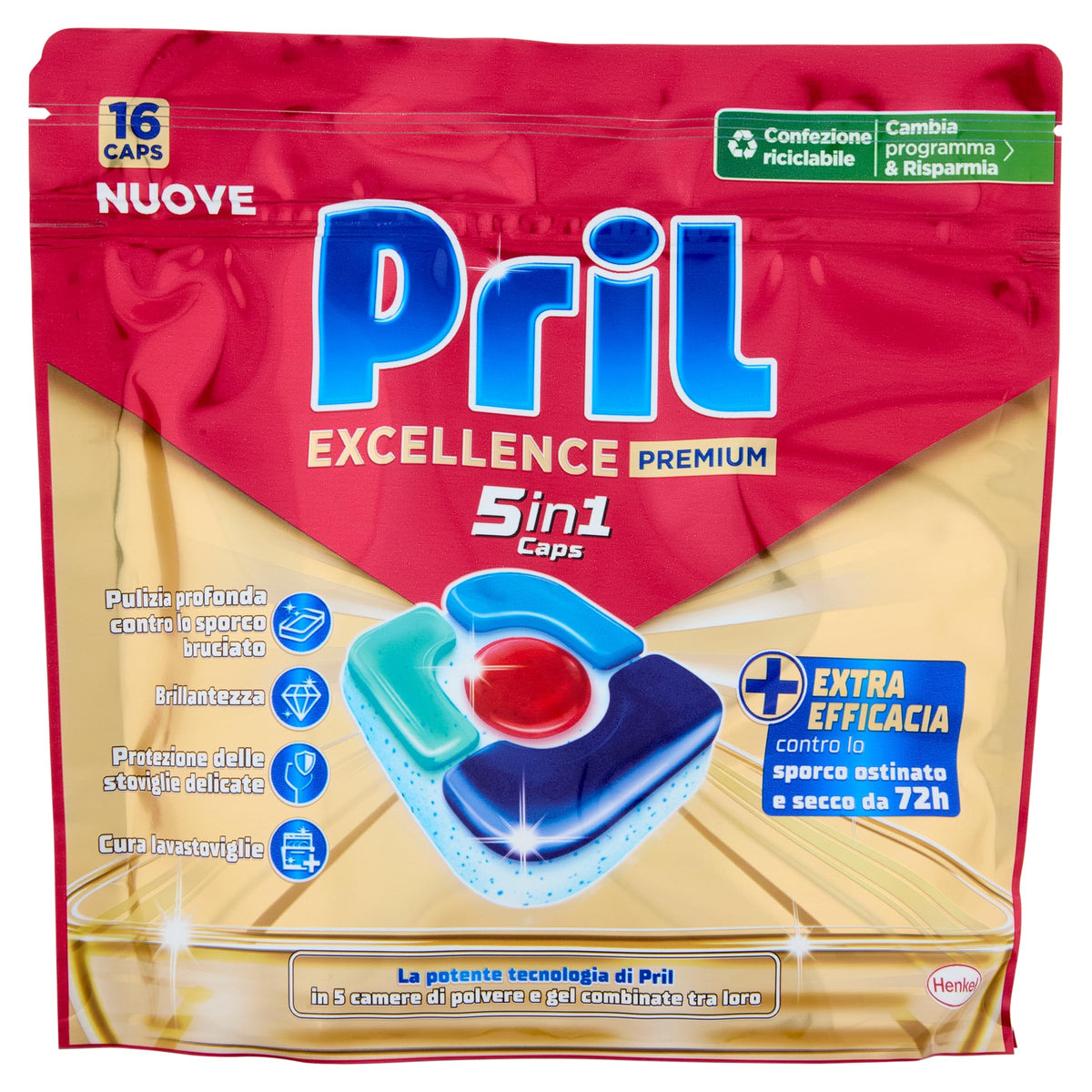 Pril Excellence Premium 5in1 Caps Lavastoviglie (16 Caps), Detersivo lavastoviglie contro lo sporco ostinato e secco da 72h, Pastiglie lavastoviglie efficaci anche nei cicli brevi ed eco
