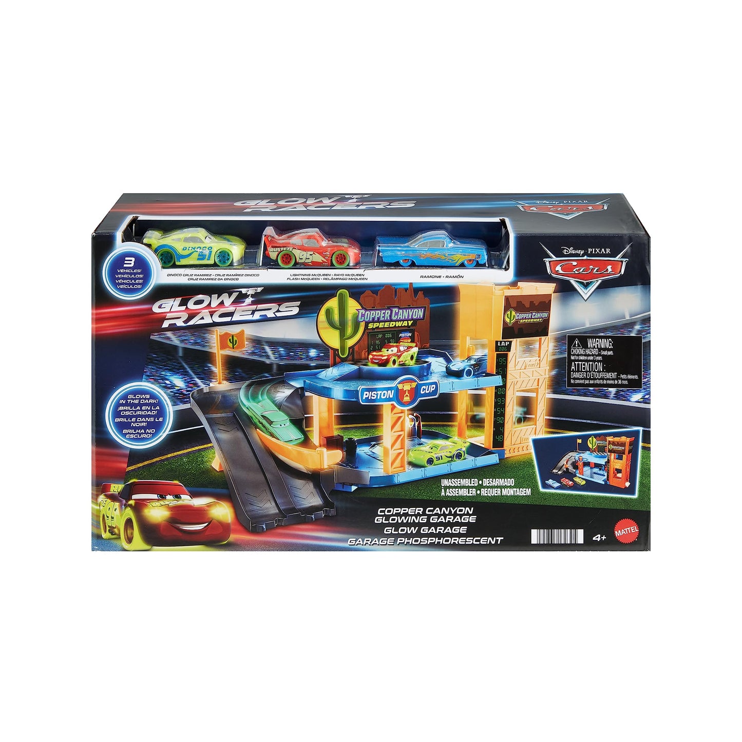 CARS - Garage Fluo di Cooper Canyon, playset Glow Racers a 2 piani con 3 auto luminose incluse, officina e ascensore funzionante, si illimuna al buio, giocattolo per bambini, 4+ anni, HPX75
