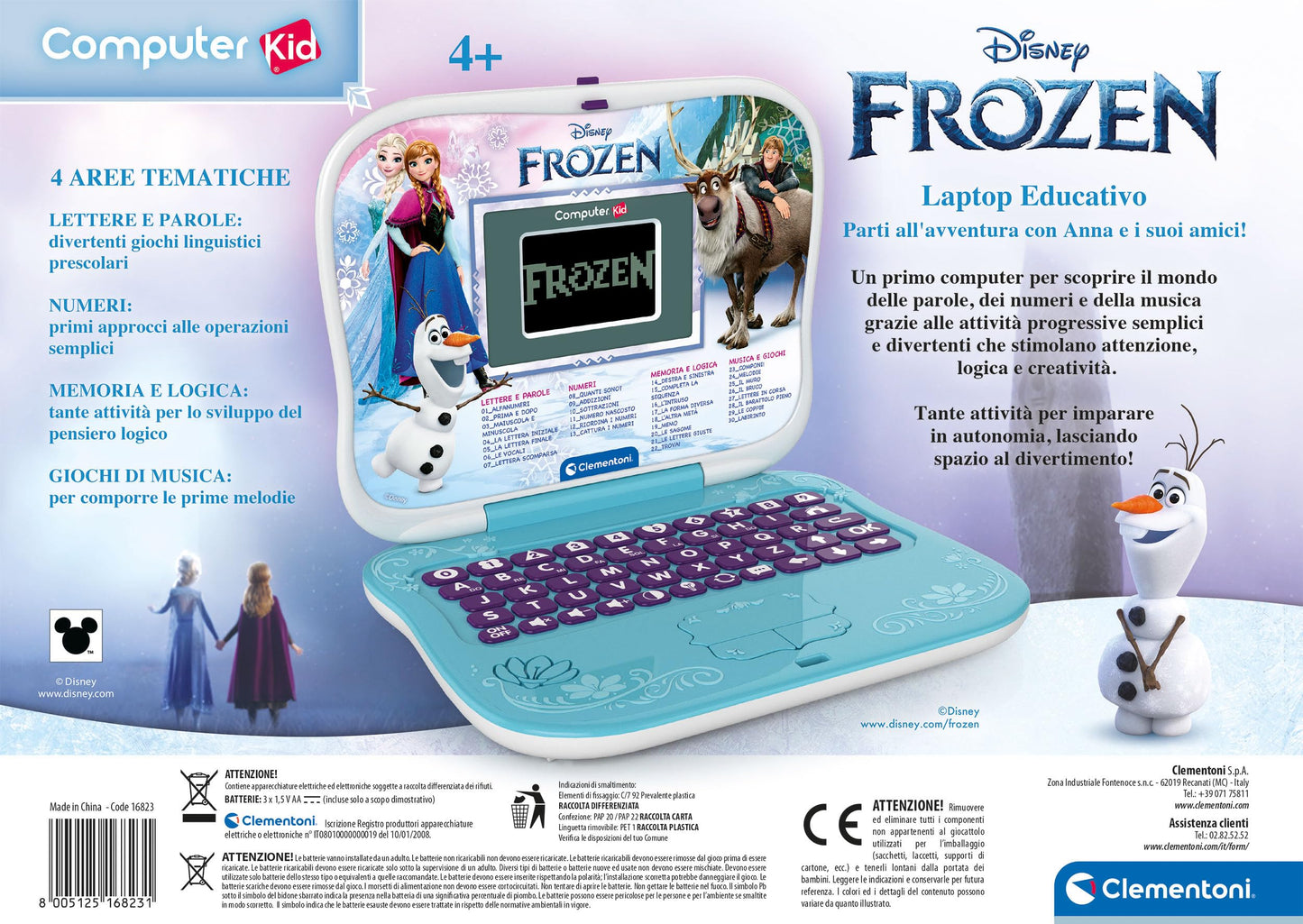 Clementoni - Computer Kid Frozen Laptop Educativo Bambini 4+ Anni, 30 attività Educative, Gioco Elettronico per Imparare Lettere, Numeri, Musica e Logica, Batterie Incluse, Lingua Italiana, 16823