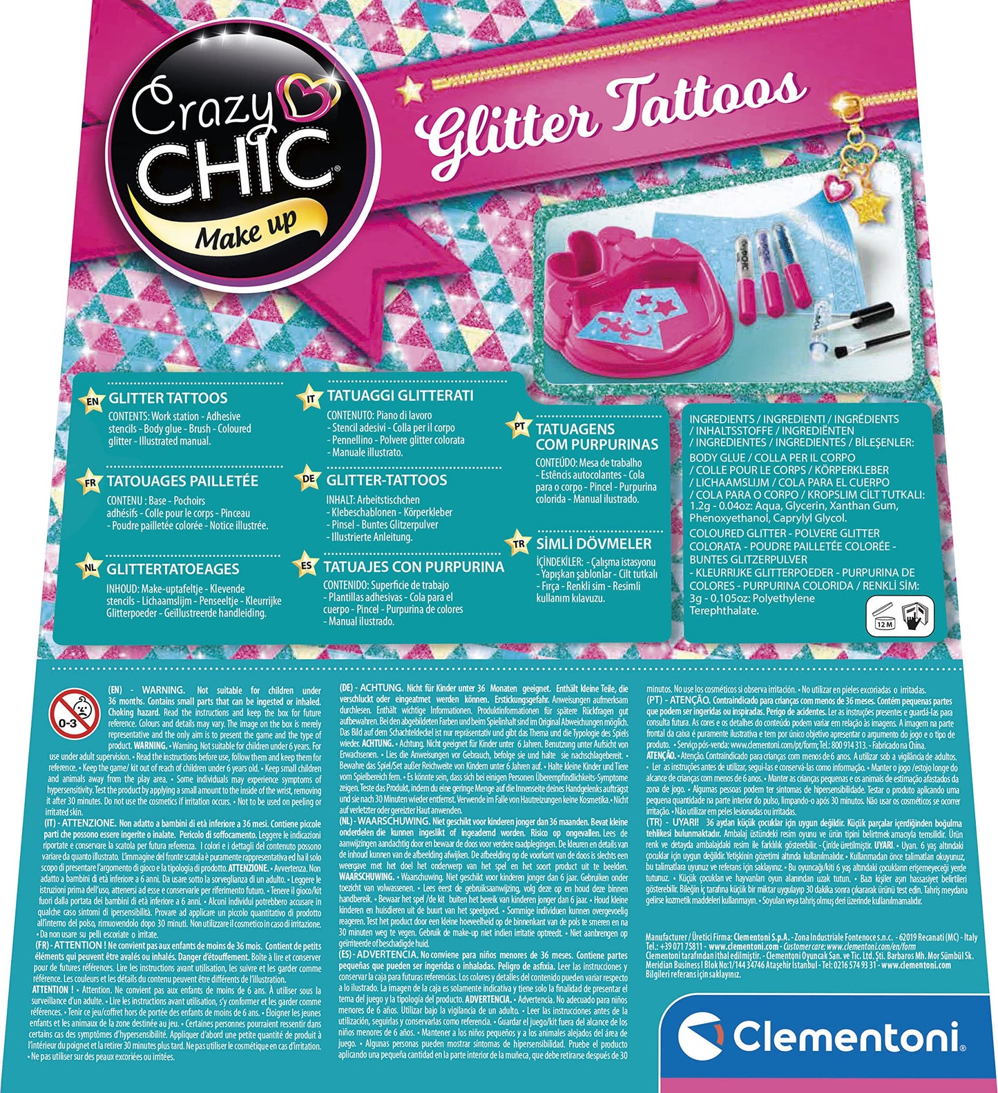 Clementoni Crazy Chic - Glitter Tattoo, Gioco Creativo Bambini 6+ Anni, Kit per Creare Tatuaggi Temporanei Glitterati, Stencil Adesivi e Accessori per Decorazioni per Il Corpo, 18513