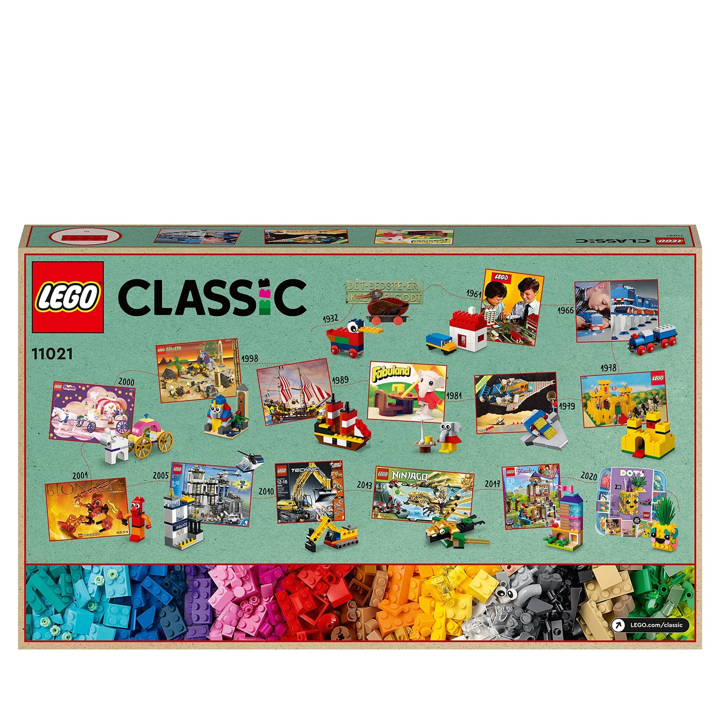 LEGO 11021 Classic 90 Anni di Gioco, Scatola con Mattoncini Colorati per 15 Mini Costruzioni di Modelli Iconici come un Treno Giocattolo, Giochi per Bambini dai 5 Anni
