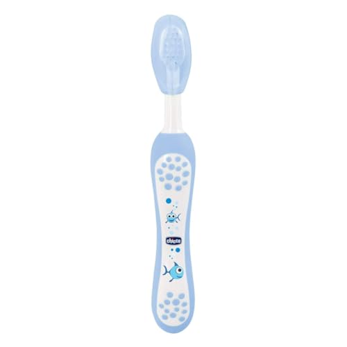 Chicco Set 2 Spazzolini da Denti per Bambini con Ventosa, Testina Arrotondata, Setole Morbide Delicate su Gengive e Dentini, Ampio Manico Antiscivolo, Coprisetole Incluso, 2 Pezzi, Bimbo