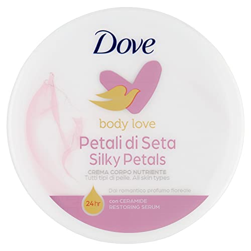 Dove Crema Corpo Petali di Seta, Crema Corpo Nutriente per Tutti i Tipi di Pelle, Pelle Profumata e Liscia Effetto Seta per 24h, con Ceramide Restoring Serum, Dermatologicamente Testata, 300ml, 1 item