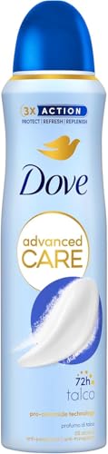 Dove Deodorante Spray Advanced Care Talco, con Formula Idratante e Delicata sulla Pelle, Senza Alcol, Pelle Asciutta Fino a 72 Ore, Deodorante Uomo e Donna, 150ml