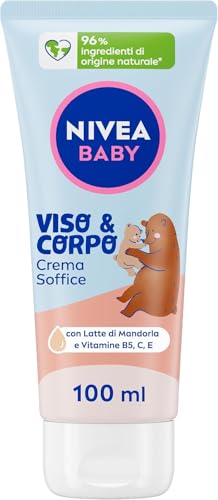 NIVEA BABY Viso & Corpo Crema Soffice 200ml, Crema corpo bambini idratante e nutriente, Crema viso neonato con Latte di Mandorla e Vitamine, Crema corpo neonato contro disidratazione e secchezza