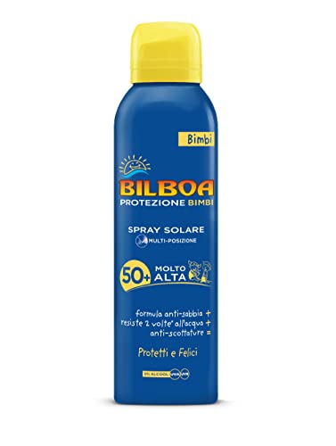 Bilboa Bimbi Spray Solare Bambini Multiposizione con Protezione Molto Alta SPF 50+, Formula Resistente all'Acqua e Anti Scottature, Dermatologicamente Testato, 150ml