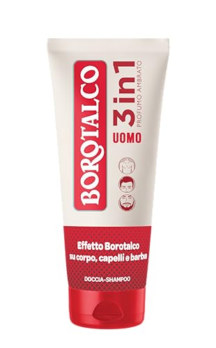 Borotalco, Doccia-shampoo UOMO 3in1 Corpo, Capelli e Barba profumo Ambrato - Corpo, Capelli e Barba Puliti, Morbidi e Profumati, Dermatologicamente Testato - 200 ml