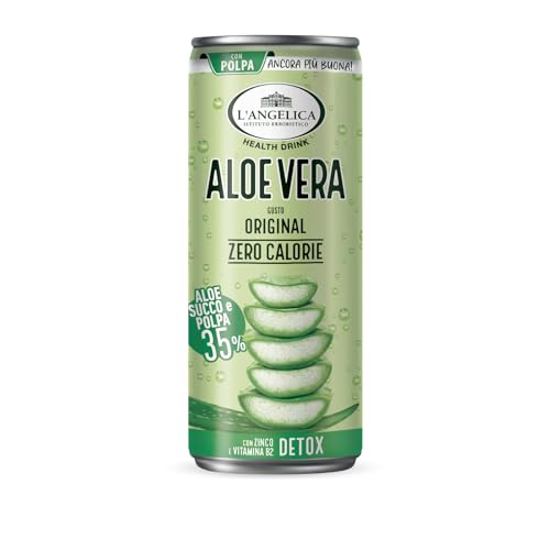 L'Angelica, Lattina Aloe Gusto Original, Aloe Vera da Bere 35%, Con Zinco e Vitamina, Succo di Frutta Zero Calorie e Detox, Succo di Frutta e Polpa