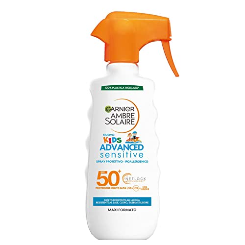 Garnier Ambre Solaire Latte Solare Protettivo Spray Bambini Advanced Sensitive Kids, Resistente a Acqua, Sale e Cloro, Ipoallergenico, Con Protezione Molto Alta, 200 ml