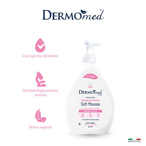 Dermomed Detergente Intimo Soft Mousse Sensitive con Agente Idratante e Lenitivo per l'Igiene Intima Esterna Deterge Delicatamente anche le Pelli Più Sensibili pH 4.5 Dispenser da 600 ml
