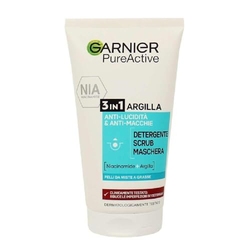 Garnier Skin Active Pure Active 3in1 Argilla, Pelli Miste - Con Imperfezioni Detergente + Scrub + Maschera, 150 ml
