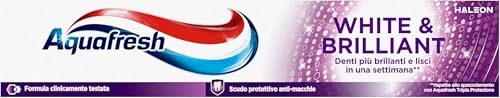 Aquafresh Dentifricio White & Brilliant, denti visibilmente più bianchi in 7 giorni, Smalto Forte, Gengive Sane, Alito Fresco, Scudo Anti-Macchie, pacco da 12 x 75ml