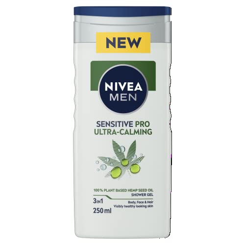 NIVEA MEN Sensitive Pro Doccia Shampoo, Doccia schiuma uomo delicato per corpo, viso e capelli, Shampoo uomo per pelli sensibili con Olio di Semi di Canapa, 1 x 250 ml
