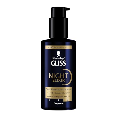 Schwarzkopf Gliss Night Elixir Siero Riparazione Notturna 100ml, Siero capelli con HAPTIQ System ed Estratto di Perla Nera, Prodotti per capelli danneggiati e secchi