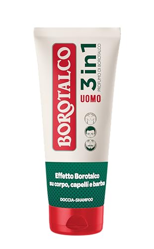 Borotalco, Doccia Shampoo Uomo 3in1 Corpo, Capelli e Barba, Profumo Originale, Corpo, Capelli e Barba Puliti, Morbidi e Profumati, Dermatologicamente Testato - 200 ml