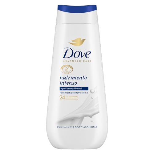 Dove Bagnoschiuma Nutrimento Intenso, Bagnodoccia Idratante, Formula Delicata sul Microbioma della Pelle, con Agenti Idratanti Vegetali, Senza Solfati SLES, Bagnodoccia Uomo e Donna, 225 ml