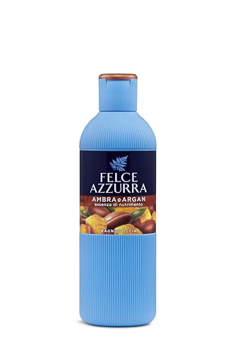 Felce Azzurra - Bagnoschiuma Profumato Argan e Ambra, Bagno Schiuma Detergente Delicato Idratante per Pelle Morbida, Note Dolci di Mandorle e Vaniglia, Bagnodoccia Dermatologicamente Testato, 650 ml