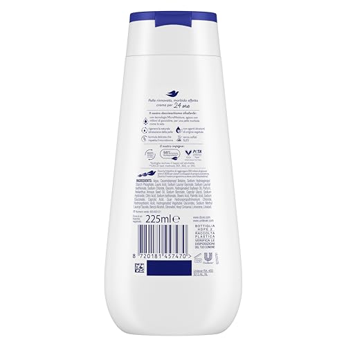 Dove Bagnoschiuma Nutrimento Intenso, Bagnodoccia Idratante, Formula Delicata sul Microbioma della Pelle, con Agenti Idratanti Vegetali, Senza Solfati SLES, Bagnodoccia Uomo e Donna, 225 ml