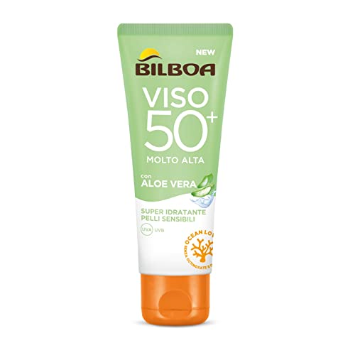 Bilboa, Protezione Solare Viso Aloe Sensitive SPF 50+, Crema Solare Alta per Pelli Sensibili, Formula con Aloe Vera, Protegge e Idrata le Pelli Sensibili, Senza Alcool, Resistente all'Acqua, 50 ml