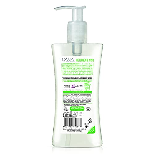 Omia - Gel Detergente Viso Eco Bio Aloe Vera del Salento, Struccante Idratante ed Equilibrante per Pelli Normali e Miste, Dermatologicamente Testato, Formula Vegana - Flacone da 200 ml