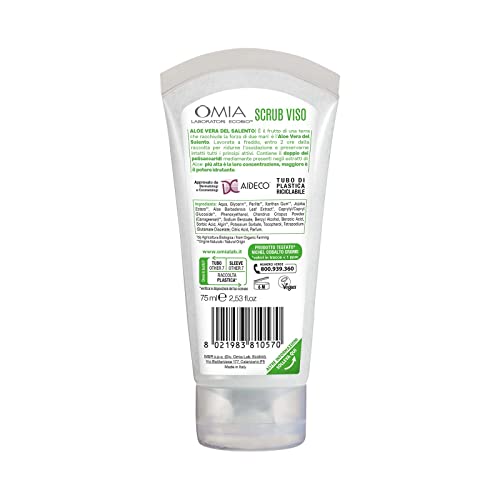 Omia, Scrub Viso Eco Bio Con Aloe Vera del Salento, Trattamento Esfoliante e Purificante, Per Pelli Normali e Miste, Senza Siliconi, Dermatologicamente Testato - Flacone da 75 ml