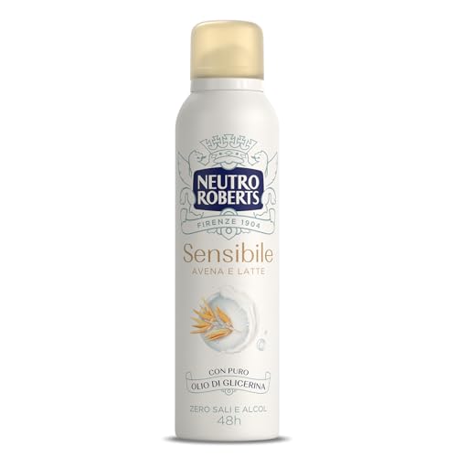 Neutro Roberts, Deodorante Spray Pelle Sensibile, Zero Sali di Alluminio, Zero Alcol, con Puro Olio di Glicerina, Per Pelli Sensibili, Dermatologicamente testato, 150 ml, 48h