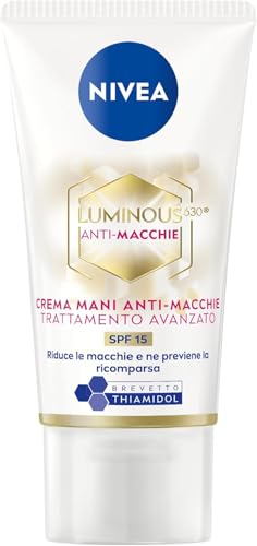 NIVEA Luminous630 Anti-Macchie Crema Mani antiage Trattamento Avanzato SPF 15 50 ml, Fomula antirughe e antimacchie con Acido Ialuronico e Thiamidol brevettato, Crema mani secche e screpolate