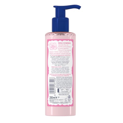 Acqua alle Rose, Latte Detergente Lenitivo, Con Estratto di Rosa Chinensis, Ideale per le Pelli Secche o Sensibili, Deterge e Idrata la Pelle Delicatamente, Uso Quotidiano, 200 ml