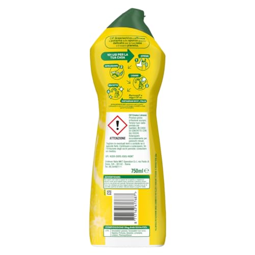 Cif Crema, Detergente per Superfici Dure, Formato 750 ml, Ideale su Grasso Incrostato, Residui di Cibo Bruciato e Macchie di Calcare, con Particelle Pulenti 100% Naturali, Limone