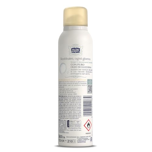 Neutro Roberts, Deodorante Spray Pelle Sensibile, Zero Sali di Alluminio, Zero Alcol, con Puro Olio di Glicerina, Per Pelli Sensibili, Dermatologicamente testato, 150 ml, 48h
