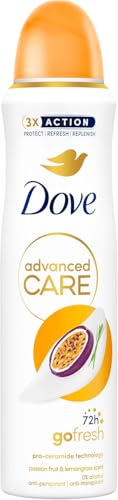Dove Deodorante Spray Advanced Care Go Fresh Passion Fruit, con Formula Idratante e Delicata sulla Pelle, Senza Alcol, Pelle Asciutta Fino a 72 Ore, Deodorante Uomo e Donna, 150ml