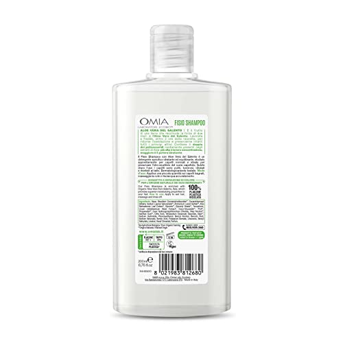 Omia, Fisio Shampoo Eco Bio con Aloe Vera del Salento, Per Capelli Normali, Idratante ed Equilibrante, Adatto ad un Uso Frequente, Senza Siliconi, Dermatologicamente Testato - Flacone da 200 ml
