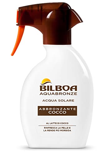 Bilboa Aquabronze Abbronzante Cocco, Acqua Solare Abbronzante con Cristalli di Mentolo e Profumo di Cocco, Rinfresca e Ammorbidisce la Pelle, Dermatologicamente Testato, 250 ml