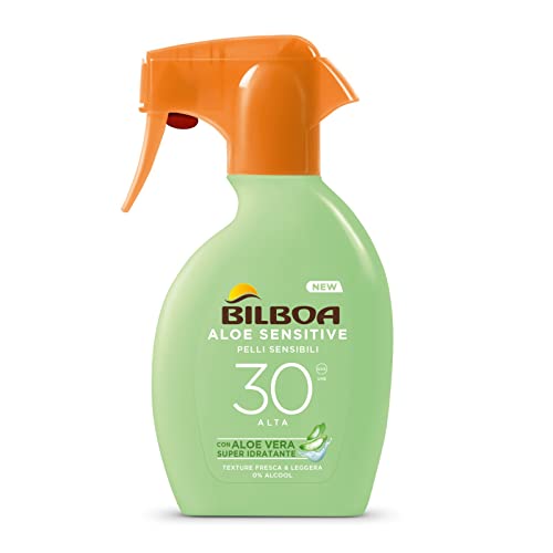 Bilboa, Protezione Solare Corpo Aloe Sensitive Trigger SPF 50+, Spray Solare Alta per Pelli Sensibili, Formula con Aloe Vera, Senza Alcool, Resistente all'Acqua, 250 ml