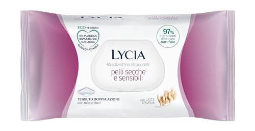 Lycia - Salviette Struccanti per Pelli Secche e Sensibili, Salviette Struccanti per Viso e Occhi, con Latte D'Avena, in tessuto 100% naturale, 60 pezzi