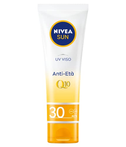NIVEA SUN UV Viso Anti-Età FP 30 in tubetto da 50 ml, Crema viso antirughe con Coenzima Q10, Crema solare viso 30 per uso giornaliero ad azione anti-età ed antimacchia