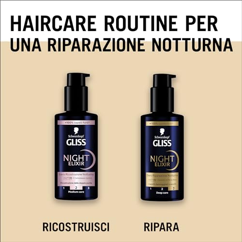 Schwarzkopf Gliss Night Elixir Siero Riparazione Notturna 100ml, Siero capelli con HAPTIQ System ed Estratto di Perla Nera, Prodotti per capelli danneggiati e secchi