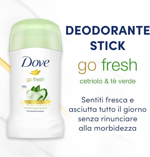 Dove, Deodorante Go Fresh Cetriolo e Tè Verde Stick, Deodorante Antitraspirante, con 1/4 Crema Idratante, Protezione Fino a 48 Ore, con Olio Nutriente, Deodorante Uomo e Donna, 40ml
