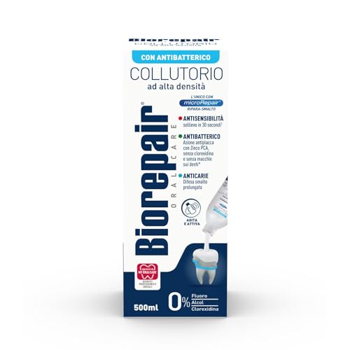 Biorepair, Collutorio Denti Sensibili 3 in 1: Antibatterico, Anticarie, Antisensibilità, con microRepair ripara-smalto e Zinco PCA. Senza Fluoro ne Clorexidina, Confezione da 500ml