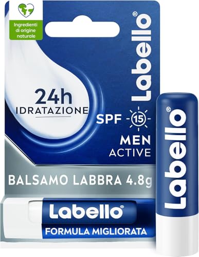 Labello Active For Men 4.8 g, Burrocacao labbra SPF15, Balsamo labbra idratante con burro di karité e oli naturali, Burrocacao protezione solare fondente sulle labbra