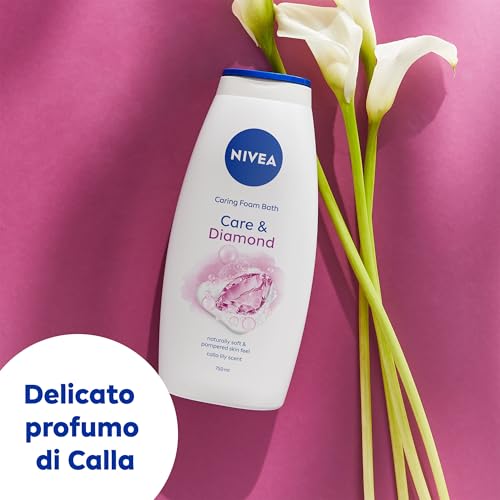 NIVEA Bagnodoccia Care & Diamond 750 ml, Bagnoschiuma in crema detergente e idratante, Crema docciaschiuma arricchita con Vitamine C, E e Oli Nutrienti dal profumo floreale di Calla