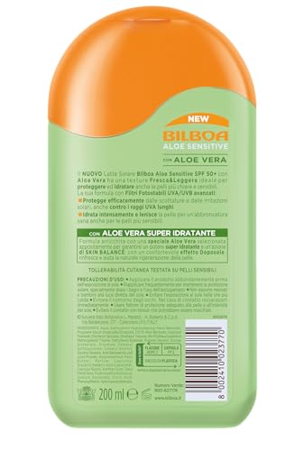 Bilboa, Protezione Solare Corpo Aloe Sensitive SPF 50+, Latte Solare Alta per Pelli Sensibili, Formula con Aloe Vera, Senza Alcool, Dermatologicamente Testato, 200 ml