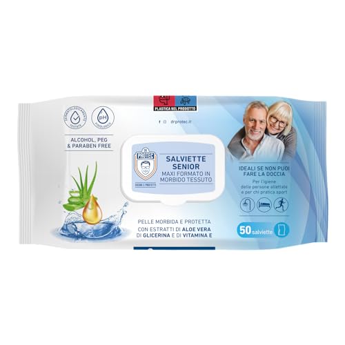 Dr Protec, Salviette Senior, maxi formato 20x27, 50 salviette con Estratto di Aloe Vera e Vitamina E