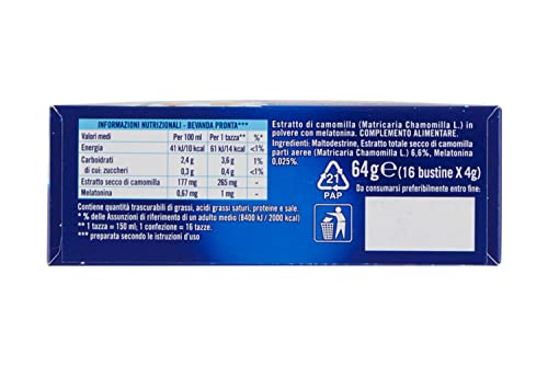 Camomilla Sogni d'oro solubile con melatonina, 16 Filtri, senza zuccheri e glutine, immediatamente solubile, facile da preparare, sonno rapido.